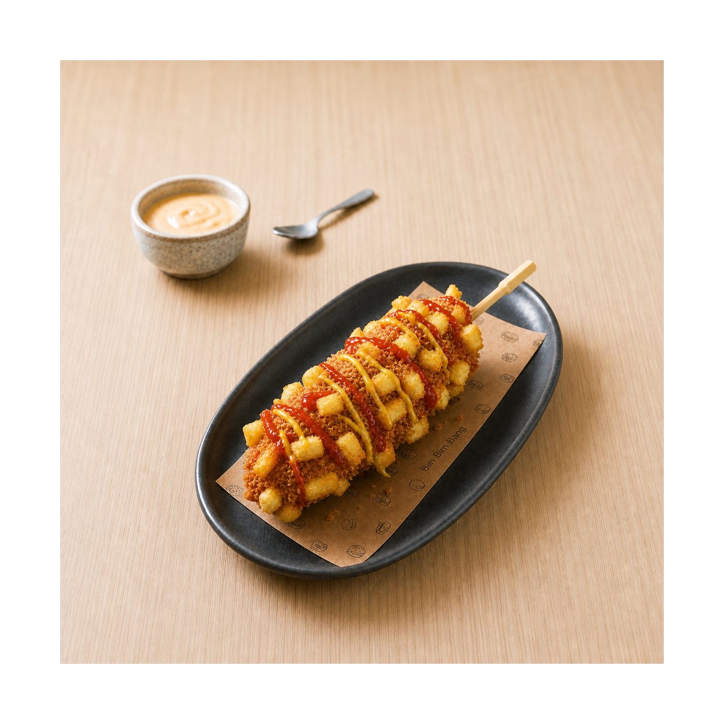Corn Dog enrobé de frites, fromage et saucisse de poulet